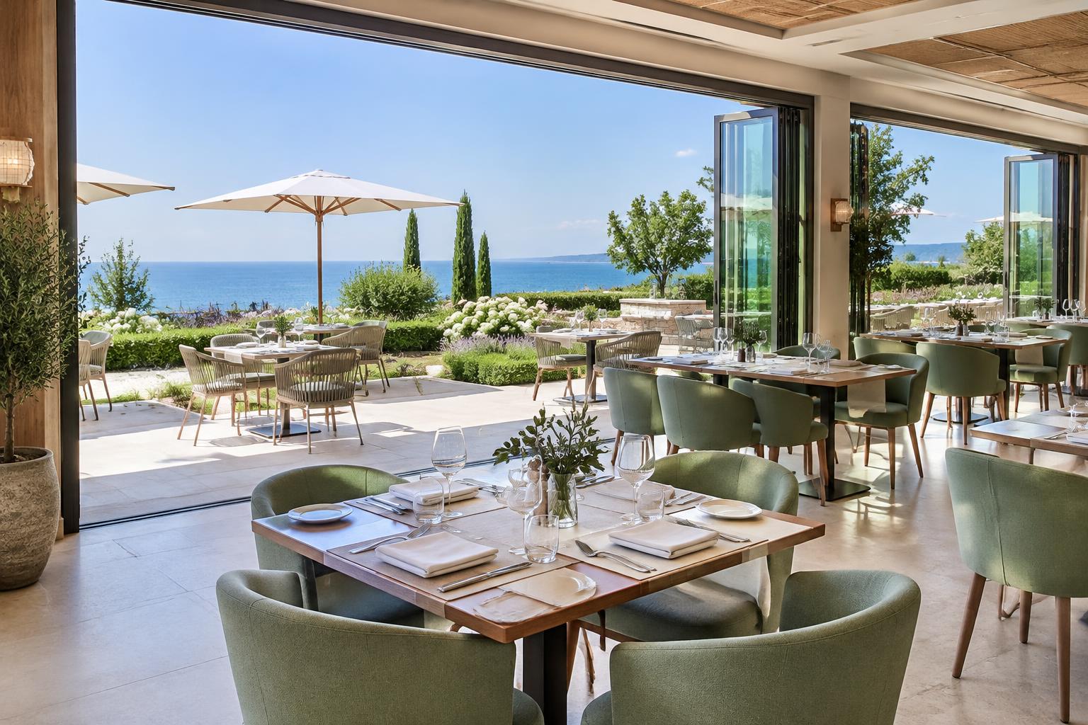 Illustrative resort restaurant with a seaside terrace